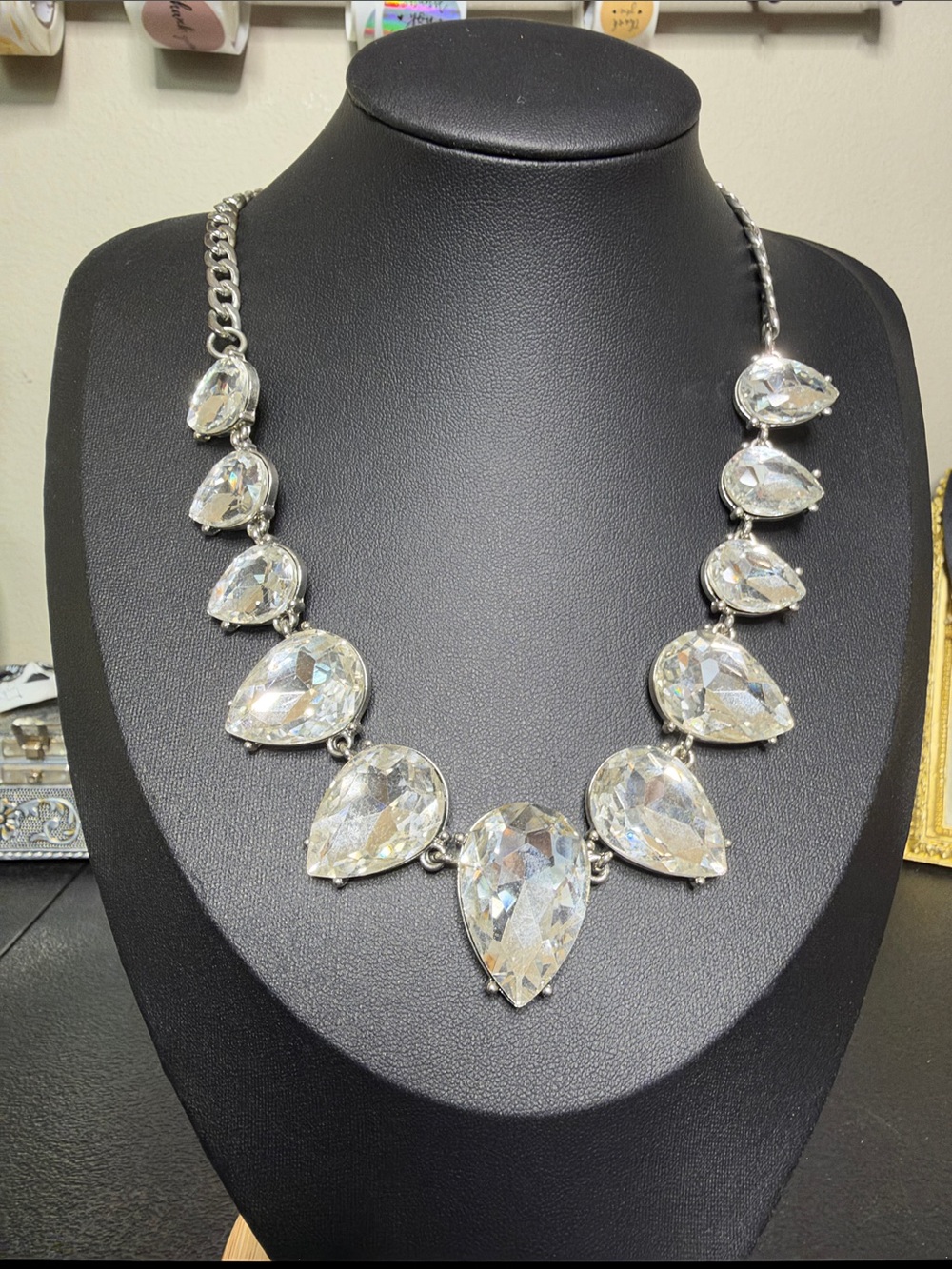 Tasha Crystal Teardrop Statement Necklace - Silver Tone